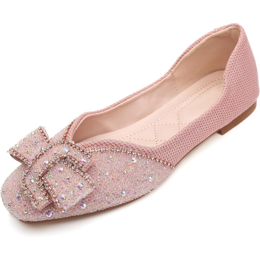 Women's Square Head Flat Shoes Fashion Glittering Rhinestone Bride Wedding Dress